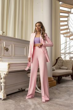 Fabric: High quality suiting fabric crepe diagonal Composition: 65% Cotton, 35% Polyester Included: jacket and pants Peak-lapel Double-breasted Oversized suit Wide-leg pants Lining option: Fully-Lined Jacket vent: No vent Color: Black, Fuchsia, Beige Luxury Pink Evening Pantsuit, Luxury Pink Unstitched Suit For Festive Occasions, Pink Wedding Pant Suit, Luxury Wide Leg Pink Pantsuit, Luxury Classic Pink Bottoms, Luxury Pink Unstitched Suit For Party, Luxury Pink Self-design Unstitched Suit, Luxury Pink Classic Sets, Luxury Pink Art Silk Unstitched Suit