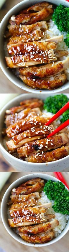 three pictures of meat with broccoli and chopsticks in bowls on a table