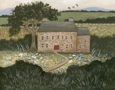 a painting of a house in the middle of a field