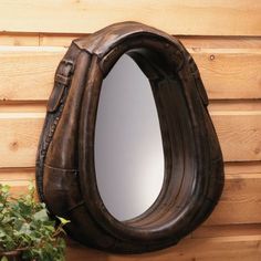 a mirror sitting on the side of a wooden wall next to a potted plant