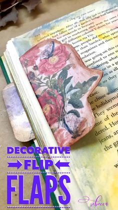 an open book with flowers on it and the words decorative flip flops written below