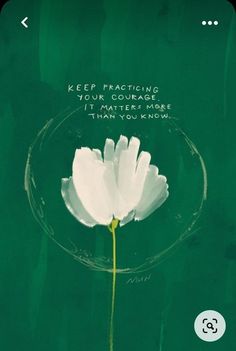 a white flower sitting on top of a green wall next to a quote that reads, keep practicing your course it matters more than you know