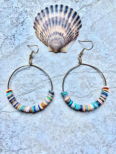 Beachy, Bohemian Heishi beaded hoop earrings. These lightweight, beachy hoops will bring a boho feel to any outfit.  Hoops can be made in silver or gold tarnish resistant wire. They can be made in small or medium (pictured). Just specify size at checkout. Quartz Hoop Earrings, Turquoise Hoop Earrings, Turquoise Hoops, Beachy Boho, Kendra Scott Earrings, Heishi Beads, Beaded Hoop Earrings, Beaded Hoops, Earrings Photo