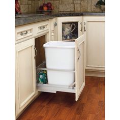 Upgrade your kitchen with the innovative pullout trash can solution Rev-A-Shelf's 5349 series provides. Tailored for under-cabinet use, this under-counter garbage bin seamlessly integrates into your kitchen, allowing for a tidy and organized space. With its discreet under-mount design, this kitchen hideaway optimizes space, ensuring your counters remain clutter-free and functional. Experience the convenience of effortless waste disposal with the smooth gliding and soft-closing feature, making ki Pull Out Trash Cans, Kitchen Base Cabinets, Rta Kitchen Cabinets, Trash Containers, Sliding Shelves, Rev A Shelf, Waste Container, Rockler Woodworking, Kitchen Trash Cans