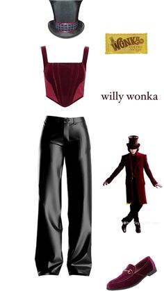 an assortment of clothing and accessories including a top hat, coat, pants, shoes