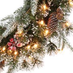 a christmas tree with pine cones and lights on it's branches is shown in front of a white background