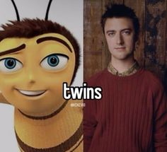 a man standing next to a cartoon character with the words twins on it's chest