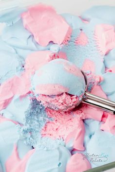 a scoop of pink and blue ice cream