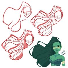 some drawings of different hair styles on a white background, one is green and the other is red