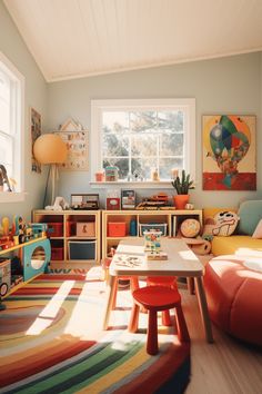 a child's playroom with toys, bookshelves and colorful rugs