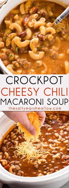 crockpot cheesy chili macaroni soup in a white bowl