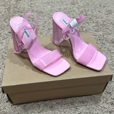 Brand New Pink Steve Madden Heels! Pink Heels With 4-inch Square Toe, Modern Pink Heels With Stacked Heel, Spring Patent Leather Heels With Reinforced Heel, Pink Patent Leather Block Heels, Orange Strappy Heels, Black Lace Up Heels, Brown High Heels, Black Heels Low, Fringe Heels