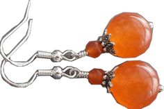 Orange Gemstone Drop Earrings, Orange Gemstone Dangle Earrings, Orange Dangle Pierced Jewelry, Adjustable Orange Pierced Jewelry, Silver Carnelian Jewelry With Ear Wire, Round Orange Carnelian Earrings, Orange Earring Jewelry Gift, Orange Carnelian Round Earrings, Carnelian Round Earrings With Ear Wire