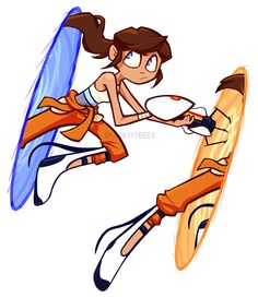 a woman flying through the air on top of a surfboard next to another person