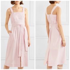 Nwt Vince Belted Midi Dress In Pink. Size 8. Cut From Breathable Linen-Blend In A Light Pink Hue. A Classy And Relaxed Fit That Can Be Cinched With A Self-Tie Belt. - Button Fastenings Along Back - Wide Straps - Square Neckline - Two Slits At The Front And Back For Ease Of Movement. Shell: 58% Linen, 39% Rayon, 3% Spandex; Lining: 100% Poly. Approximate Measurements (Laying Flat): Bust: 16" Waist: 16.5" (Less Belt Cinch) Length: 48.5" Fitted Midi Dress For Work, Elegant Cotton Midi Dress With Straight Neckline, Elegant Pink Cotton Midi Dress, Scoop Neck Midi Dress, Midi Dress Pink, Dress Light Pink, Pleated Shirt Dress, Sleeveless Knit Dress, Crochet Lace Dress