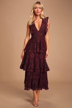 Molinetto Burgundy Lace Ruffled Tiered Sleeveless Maxi Dress Burgundy Maxi Dress, Bridesmaid Dresses Boho, Fall Wedding Guest Dress, Burgundy Bridesmaid Dresses, Guest Attire, Wedding Attire Guest, Burgundy Lace, Floral Print Maxi Dress, Burgundy Dress