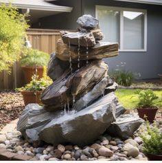 a rock fountain with water running down it's sides in front of a house