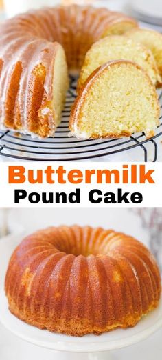 this is an image of buttermilk pound cake on a plate with the bundt cake cut in half