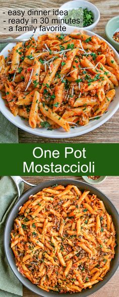 one pot pasta in a skillet and the other is ready to be eaten