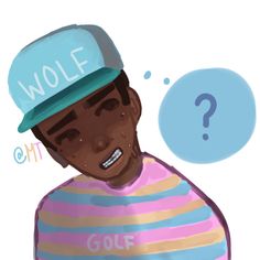 a man wearing a hat with the word wolf written on it and a question bubble above his head