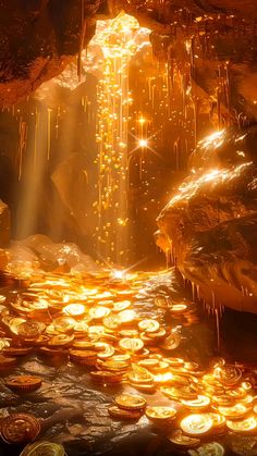 the light shines brightly on many gold coins in front of a waterfall with water flowing down it