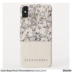 an iphone case with flowers on it and the name alm written in white letters