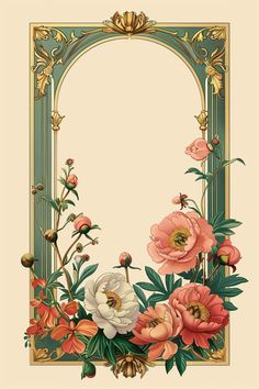 an ornate frame with flowers and leaves on the edges is painted in pastel colors