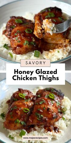 honey glazed chicken thighs on top of white rice