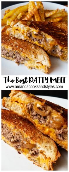 grilled cheese and meat sandwich cut in half on a white plate with the words, the best patty melt