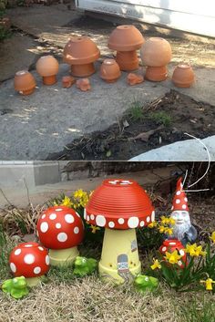 the garden is full of mushrooms and flowers