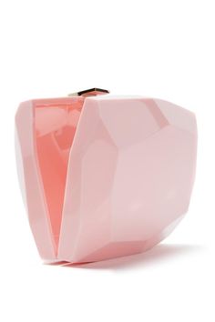 - Peony Pink- Lucite Faceted Minaudière- Top Metal Clasp with Engraved Signature- Geometric Shaping Made in Italy Monique Lhuillier Bridal, Peony Pink, Bridal Shop, Fashion House, Peonies, Blue Sky, Candle Holders, In Italy, Vase