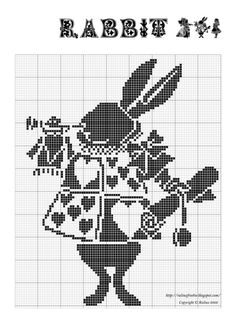 a cross stitch pattern with an image of a rabbit holding a knife and fork in it's hand