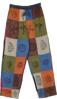 A smart unisex hippie pair of pants, with their patchwork cotton style they have a unique look. The pants have assorted stamps on the patchwork which look very different and help them stand out. #tlb #SplitSkirtsPants #Patchwork #Tall #Pocket #bohemianfashion #HippiePantswithPockets #PatchworkPantswithPockets #GypsyPants #Unisexbohopants #tallbohopants Hippie Cotton Bottoms With Floral Patchwork, Festival Cotton Bottoms With Patches, Bohemian Cotton Bottoms With Patches, Linoprint Clothes, Long Lounge, Patchwork Trousers, Patchwork Pants, Hippie Lifestyle, Alt Outfits