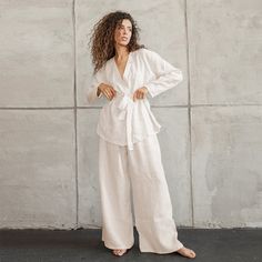 Cotton Linen Women Pajama Robe Sets S-little look through White Pants For Sleep In Spring, White Spring Sleep Pants, Casual White Pant Set For Loungewear, Nightgown Sets, Cotton Sleepwear, Y2k Aesthetic Outfits, Women's Nightgowns, Pajama Robe, Hot Dress