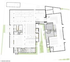 an architectural drawing shows the ground plan for a building with multiple floors and two levels