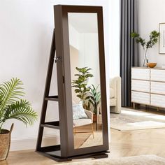 a large mirror sitting on top of a wooden floor next to a potted plant