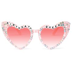 a pair of pink sunglasses with the words birthday queen on it's side and hearts