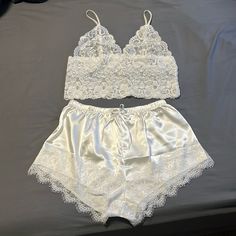 Brand New Silky/Lace Pj Set Accidentally Ripped The Tags Of Before Seeing I Had Two Of The Same Pair Never Worn Comes From A Smoke Free Home White Sets With Lace Trim For Pajama Party, Elegant White Sleepwear With Built-in Bra, Vintage V-neck Wedding Sleepwear, White Sleepwear With Built-in Shorts, White Lace Sleepwear With Built-in Bra, Pajama Shirt, Walker Boots, Pj Sets, Fit N Flare Dress