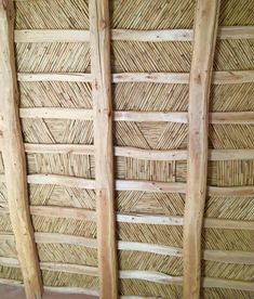 two wooden sticks sticking out of the side of a bamboo wall with woven rafters