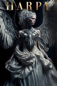 a woman with white hair and wings standing in front of a black background that says happy