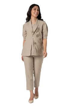 Natural blazer with dainty bloom print and zari embroidery on hem. Paired with inner and pant. - Aza Fashions Elegant Linen Sets With Floral Embroidery, Elegant Cotton Pant Set For Work, Fitted Embroidered Pants For Workwear, Elegant Fitted Cotton Pant Set, Embroidered Fitted Pants For Workwear, Fitted Pant Set With Set-in Sleeves For Spring, Spring Embroidered Pant Set For Workwear, Fitted Workwear Sets With Floral Embroidery, Fitted Embroidered Pant Set For Spring