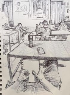 a drawing of two people sitting at a table