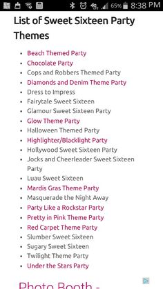 the list of sweet sixteen party themes on this page is shown in pink and white