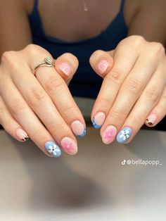 Pink And Blue Floral Nails, Kalogeras Nails, Miss Match Nails, Cute Gel Nail Designs, Teen Nail Designs, Utah Nails, Mismatched Nails, Pale Nails, Cute Manicure