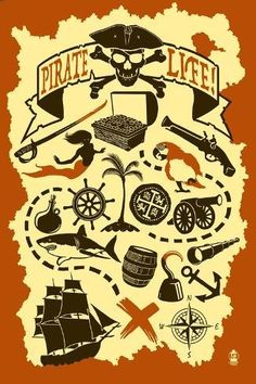 an orange poster with pirate symbols and other things on it's back ground,