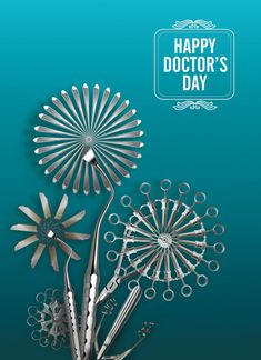 a happy doctor's day card with scissors and dandelions on a blue background