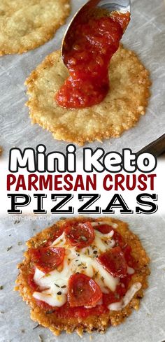 mini keto parmesan crust pizzas with marinara sauce