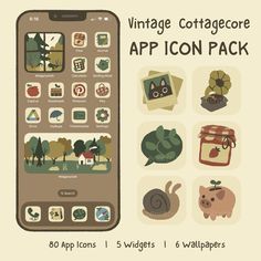 an app icon pack for vintage cottagecore with cute animals, trees and other items