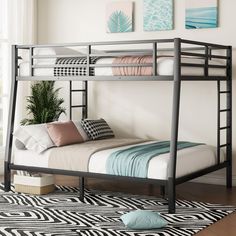 a metal bunk bed sitting on top of a rug