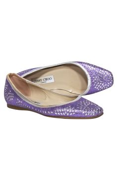 Current Boutique-Jimmy Choo - Purple & Silver Laser Cut Print Flats Sz 8 Metallic Flats For Spring Party, Jimmy Choo Flats, Printed Flats, Flat Shapes, Glitz And Glam, Purple Glitter, Jimmy Choo Shoes, The Purple, Metallic Accents